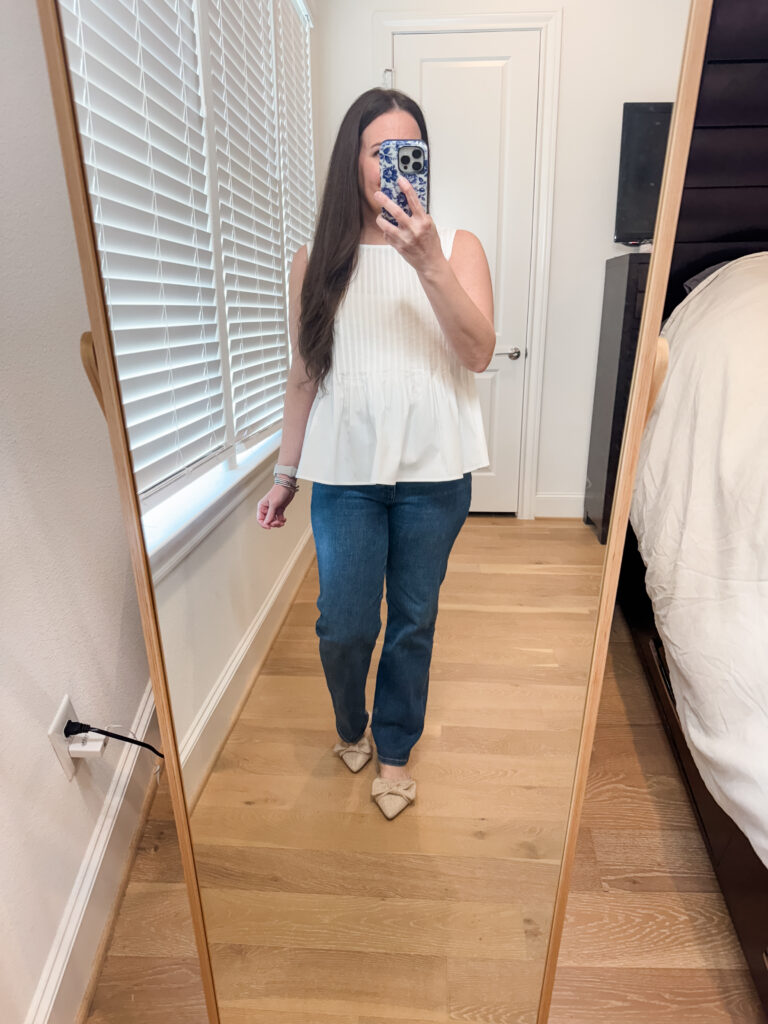 spring outfit | white sleeveless top | straight leg jeans | Petite Fashion Blog Lady in Violet