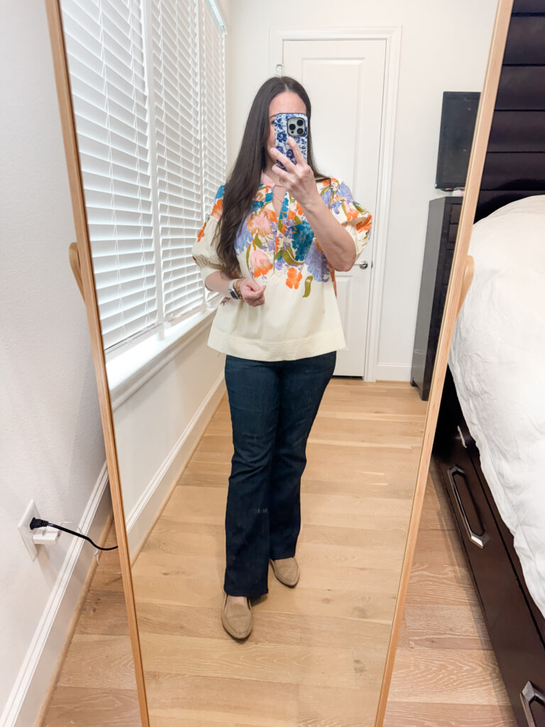 spring fashion | floral print top | dark blue bootcut jeans | Texas Fashion Blogger Lady in Violet