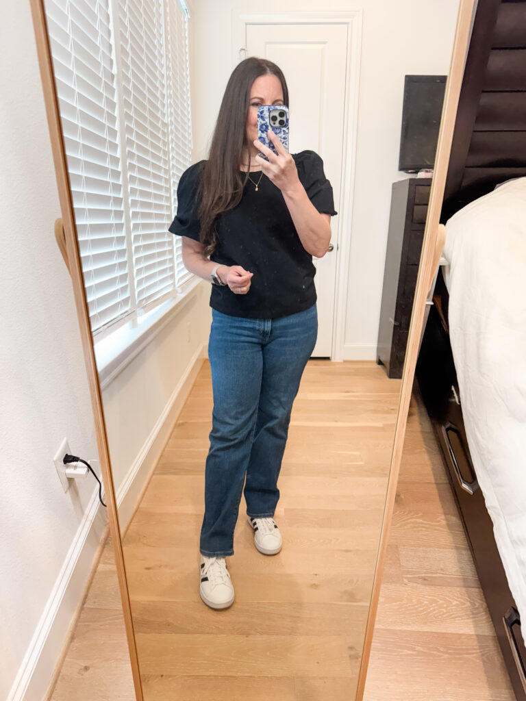 casual spring outfit | black short sleeved top | white sneakers | Mom Fashion Blogger Lady in Violet