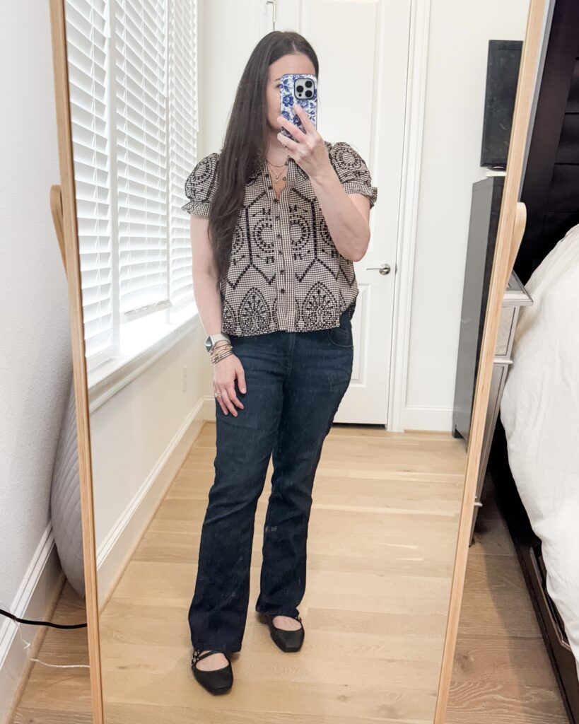 spring business casual outfit | brown gingham blouse | black mary jane ballet flats | Petite Fashion Blogger Lady in Violet