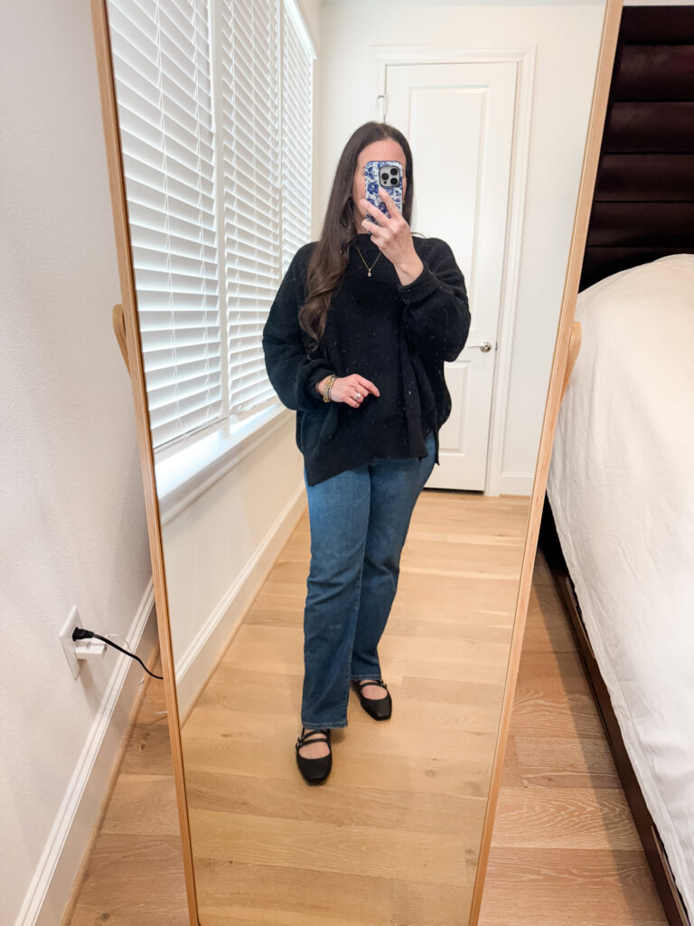 cold spring outfit | black oversized sweater | straight leg jeans | American Fashion Blog Lady in Violet