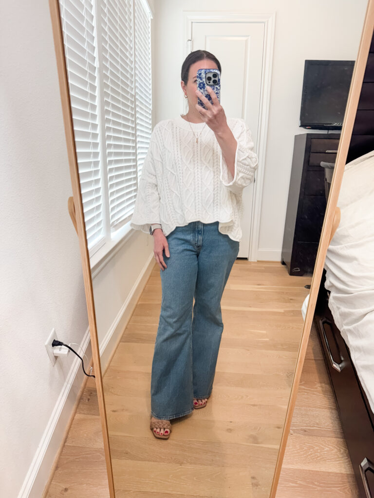 early spring outfit | white cropped sweater | petite flared jeans | Petite Fashion Influencer Lady in Violet
