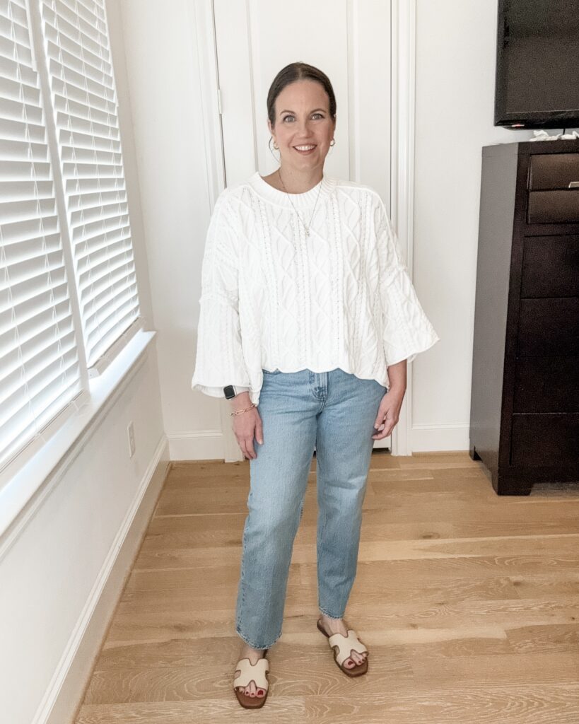 spring outfit | white cropped flowy sweater | straight leg jeans | Texas Fashion Influencer Lady in Violet
