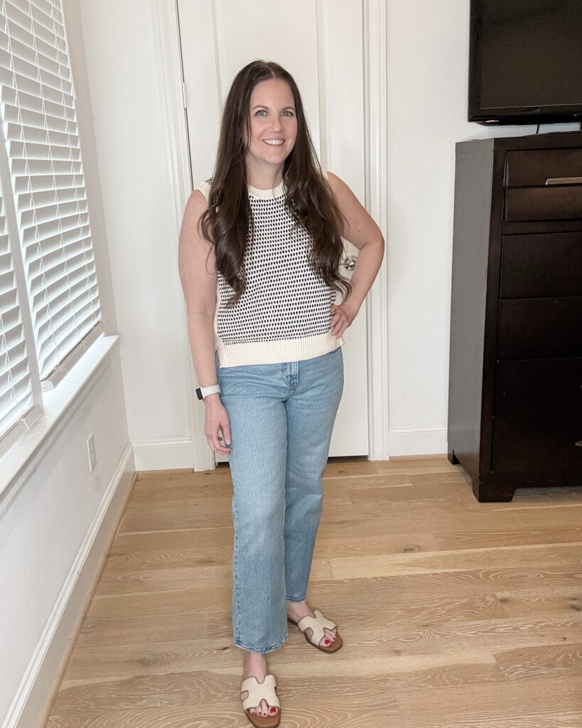 spring outfit | sleeveless knit top | blue straight leg jeans petite | Houston Fashion Influencer Lady in Violet