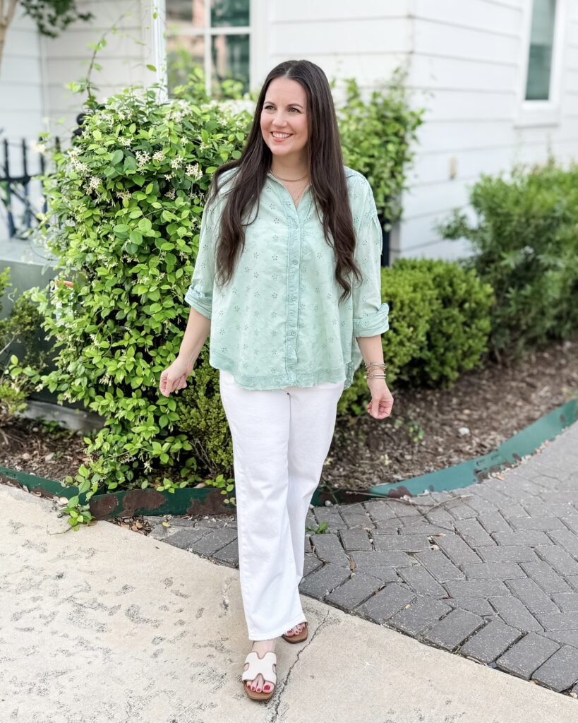 spring outfit | teal green eyelet blouse | white jeans | Texas Fashion Blog Lady in Violet