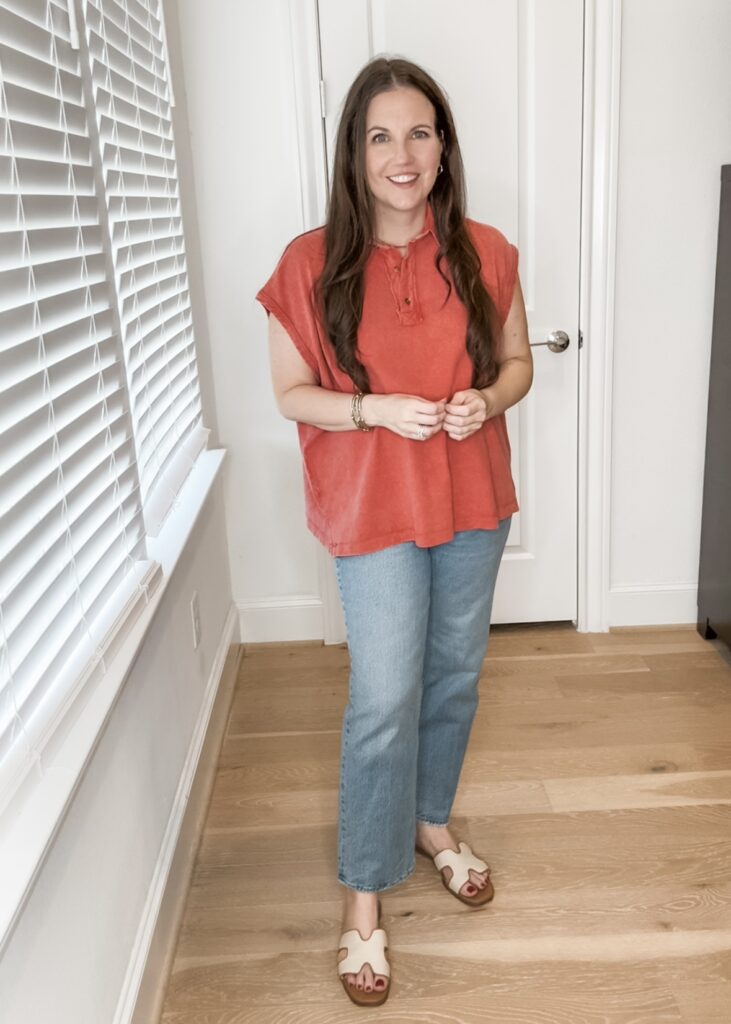 spring outfit | oversized coral polo top | slide sandals | Petite Fashion Blog Lady in Violet