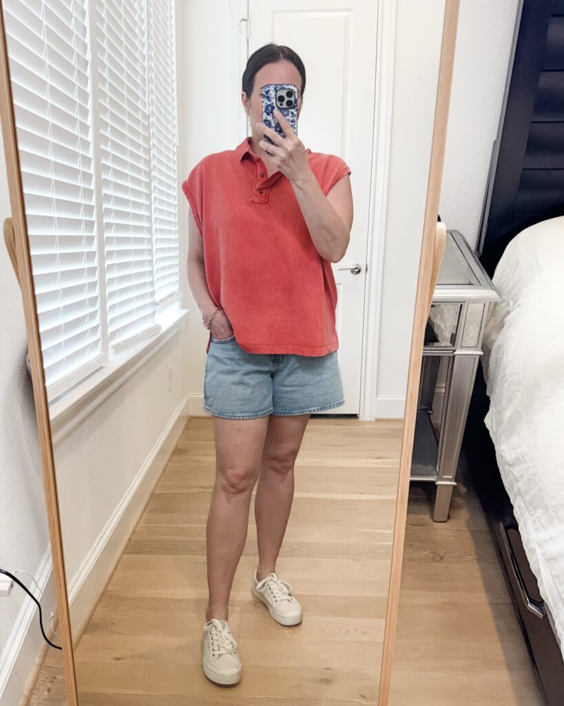 summer outfit | oversized coral polo shirt | denim shorts | Texas Fashion Blogger Lady in Violet
