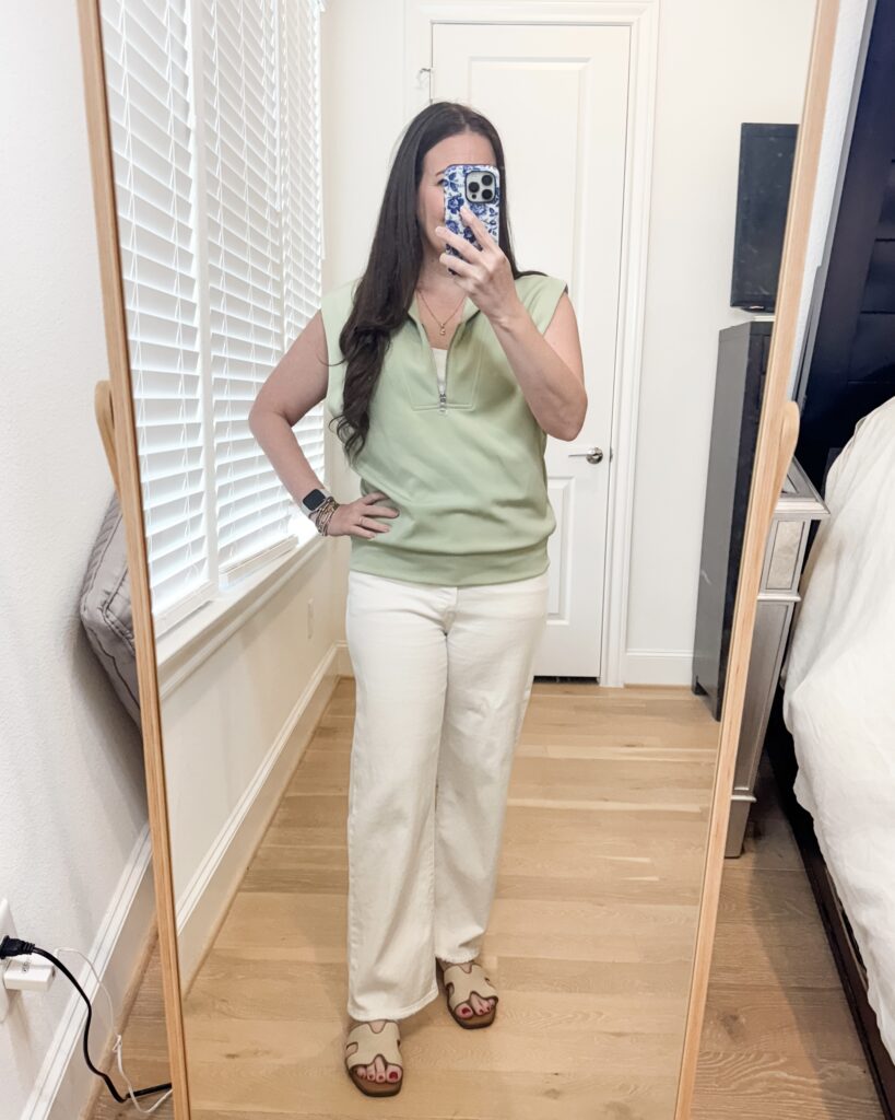 spring outfit | light green half zip pullover | white jeans | Houston Fashion Blogger Lady in Violet