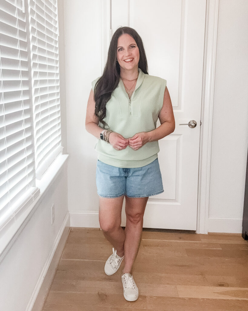 summer outfit | sleeveless half zip pullover | jean shorts | Petite Fashion Blogger Lady in Violet
