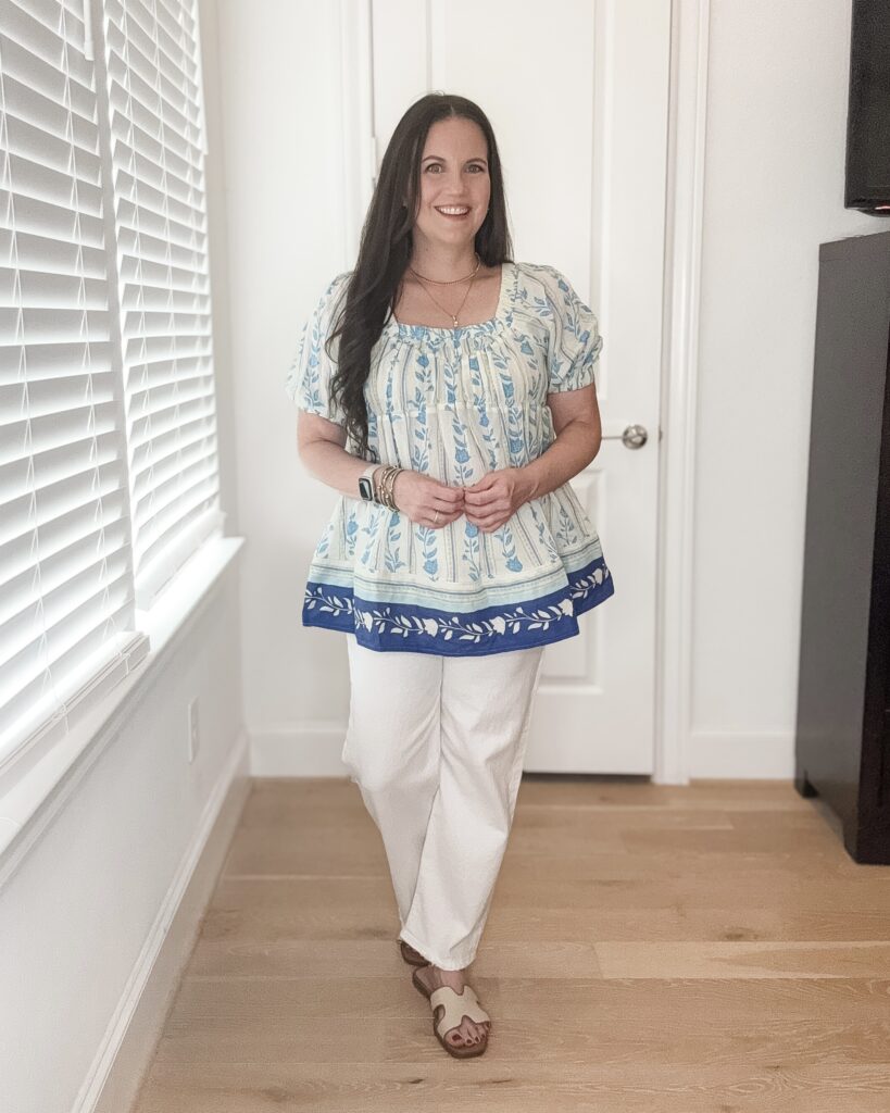 spring outfit | blue floral babydoll blouse | white jeans | Texas Fashion Influencer Lady in Violet