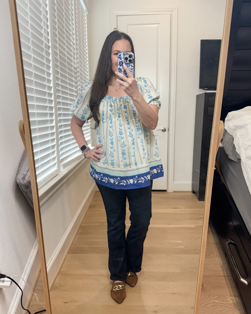 spring outfit | blue babydoll top | dark blue petite jeans | Petite Fashion Influencer Lady in Violet