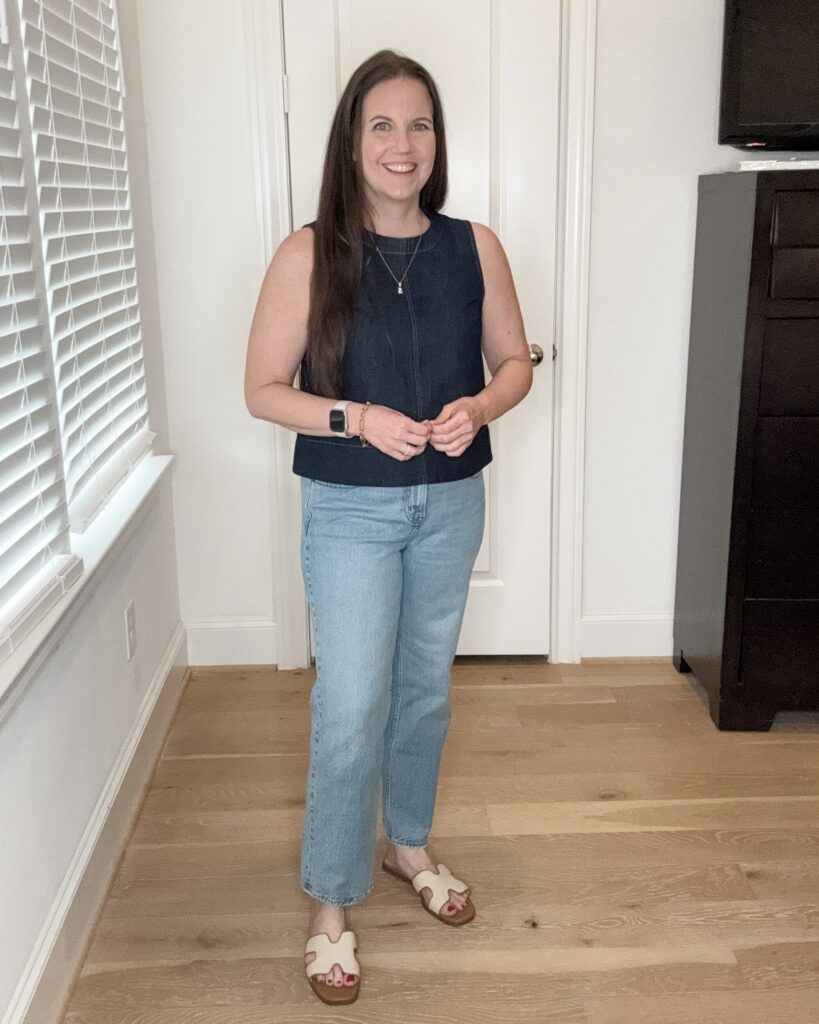 summer outfit | denim sleeveless top | straight leg jeans | Mom fashion Influencer Lady in Violet