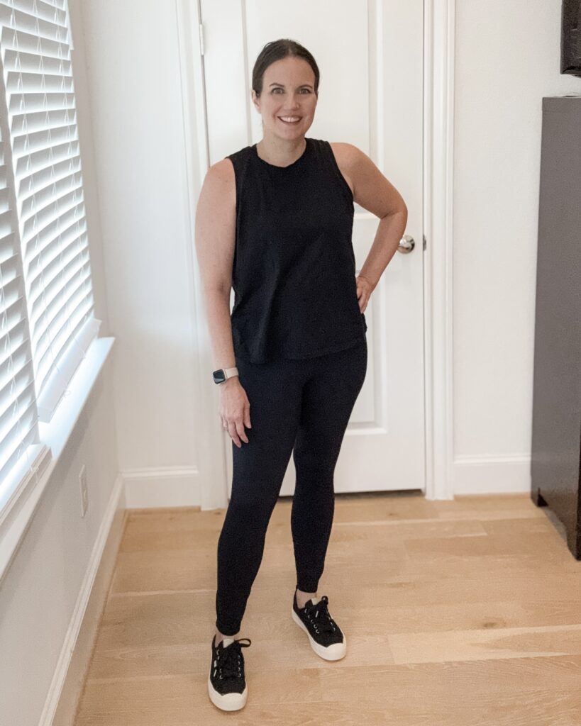 mom park outfit | black tank top | black leggings | Over 40 fashion blog Lady in Violet